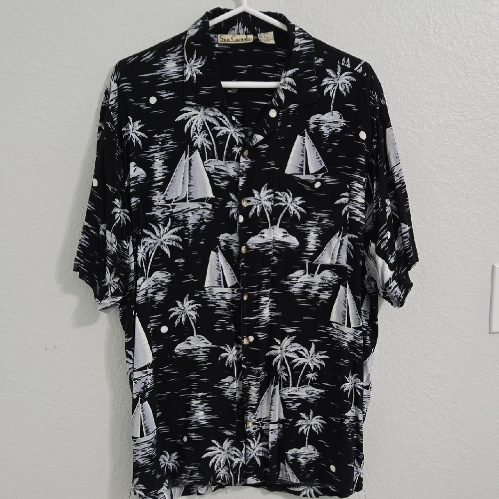 Sun Casuals Black and White Casual Button Down Tropical Shirt w/ Nautical Print